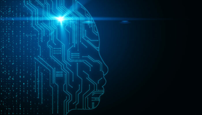 Artificial intelligence and robot concept Creative glowing circuit head on binary code background. Artificial intelligence and robot concept. 3D Rendering