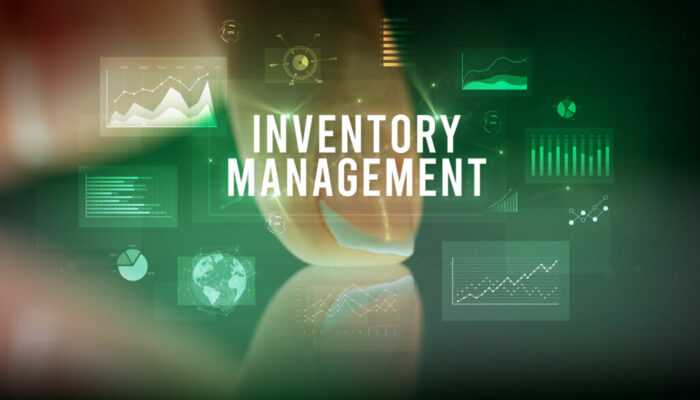 Finger touching tablet with business graphs and icons concept Finger touching tablet with charts and INVENTORY MANAGEMENT inscription, business concept