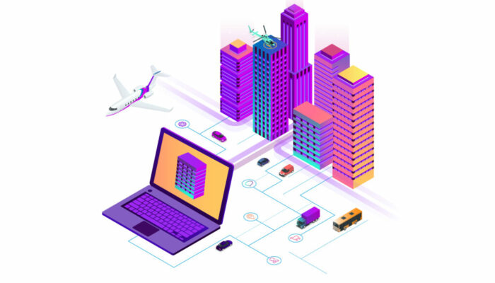 Isometric Modern city. Concept website template. Smart city with smart services and icons, internet of things, networks and augmented reality concept Isometric Modern city. Concept website template. Smart city with smart services and icons, internet of things, networks and augmented reality concept.