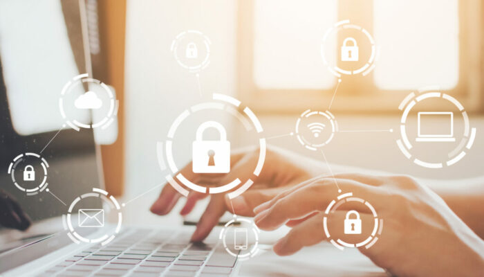 Businessman working on laptop. Protection network security computer and safe your data concept. Digital crime by an anonymous hacker Businessman working on laptop. Protection network security computer and safe your data concept. Digital crime by an anonymous hacker